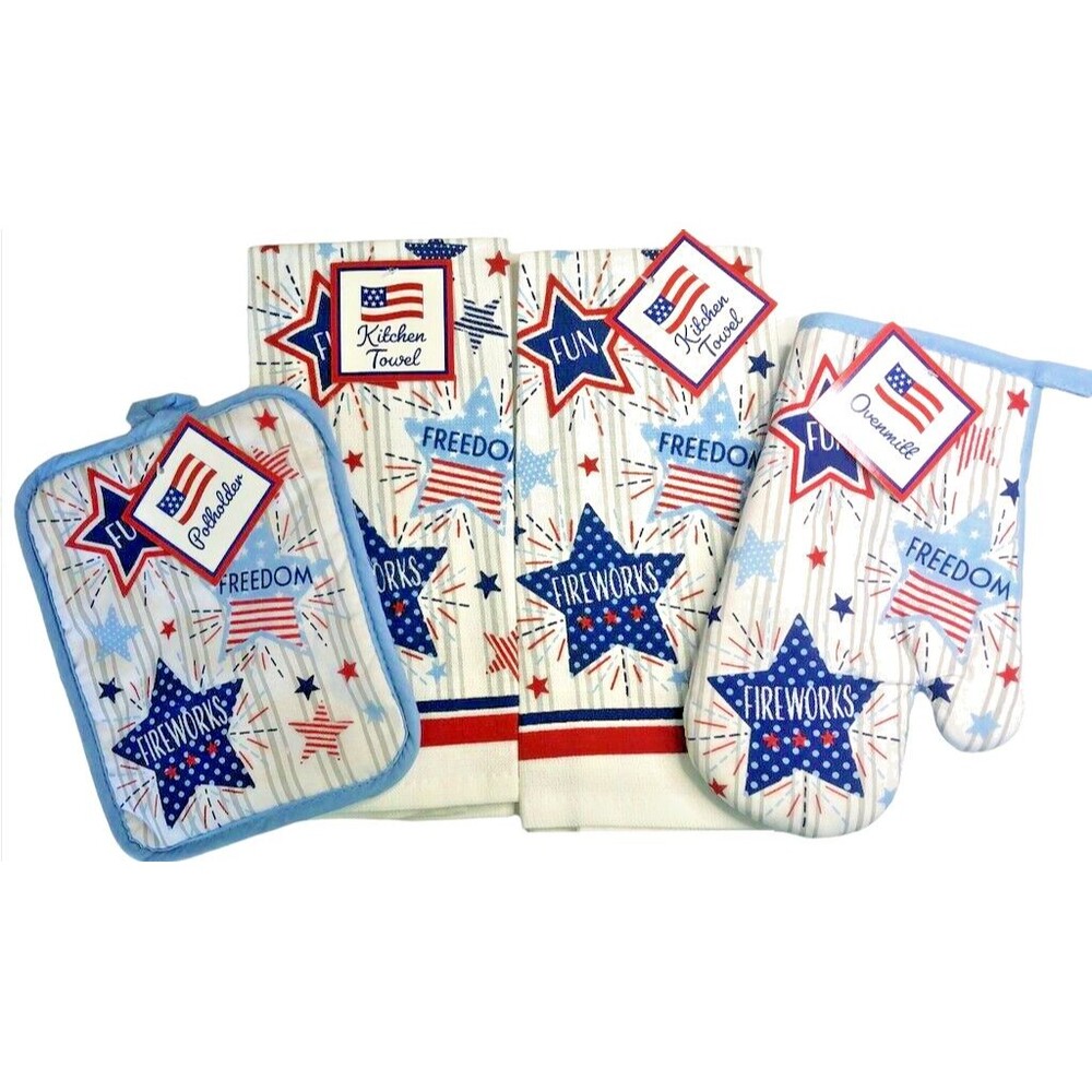 Fireworks 4th of July Kitchen Dish Towels Oven Mitt Potholder Beach Set of 4